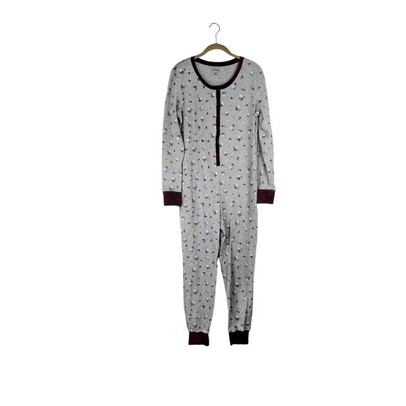 LL Bean Union Suit Gray Waffle Floral One Piece Thermal Pajama Womens Size Large - Picture 1 of 6